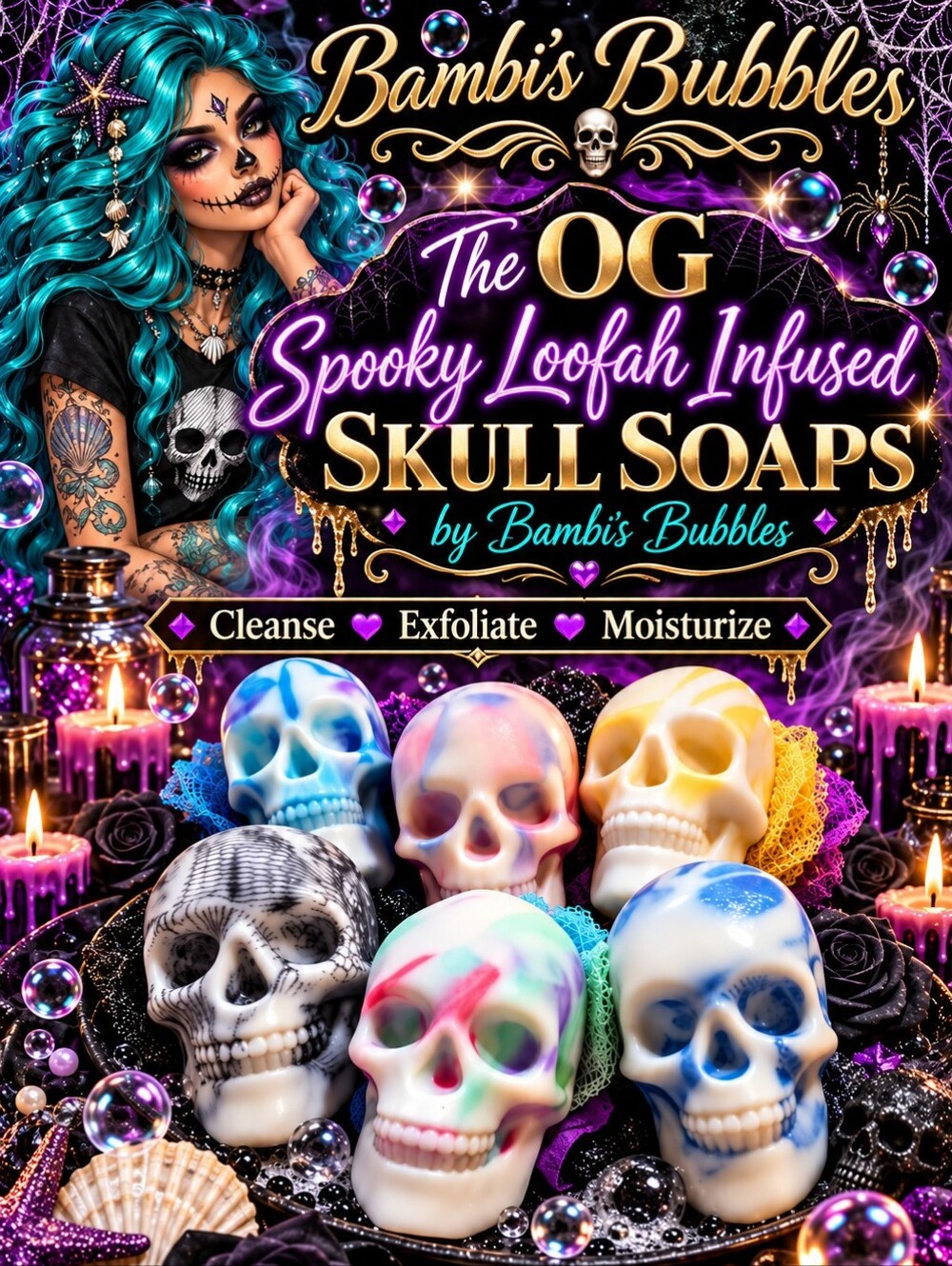 OG Bambis Bubbles HandCrafted Large Skull Loofah Infused Soap 7oz Total